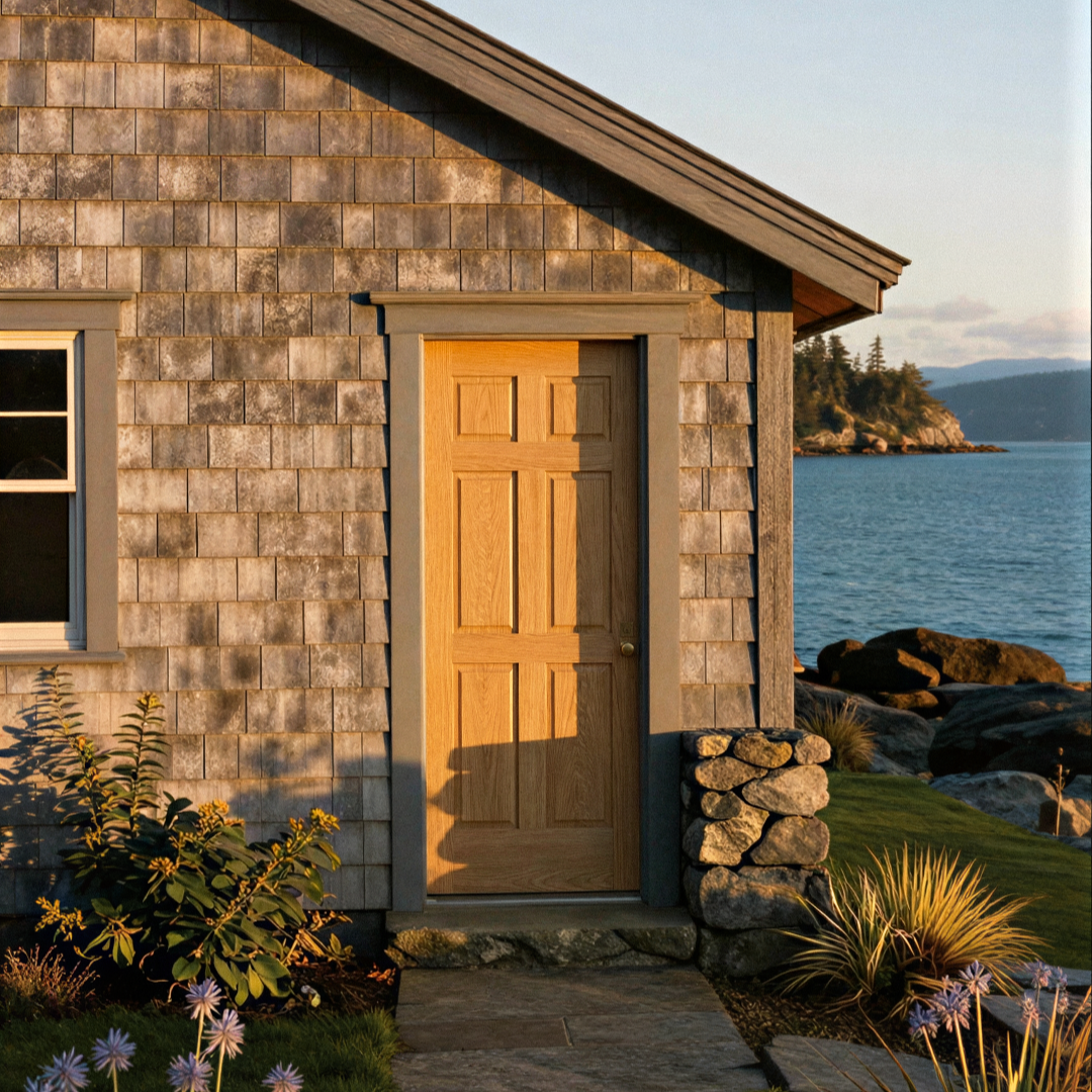A coastal house with wooden shingles, a wooden door, and a window on the left, overlooking the ocean with rocks and trees in the background.