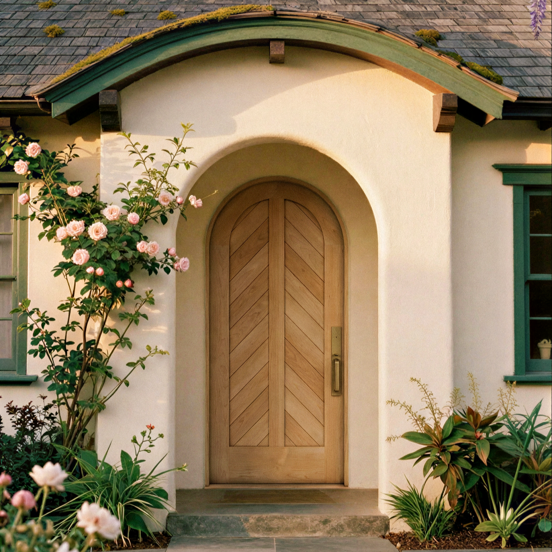 A front door with an arched wooden design surrounded by a white stucco wall, with pink roses and green plants on either side.
