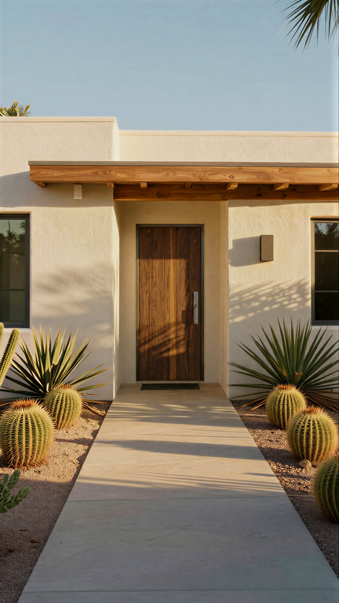 Front entrance of a modern house with a wooden door, desert plants, and shadows cast by the sunlight.