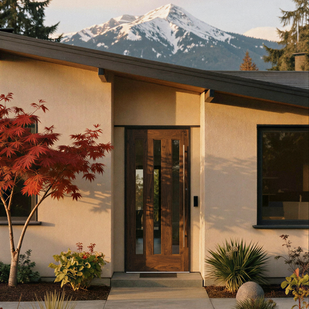 Front entry of a house with a wooden door, a window, and a landscaped yard with trees and plants, with snow-capped mountains in the background during sunset.