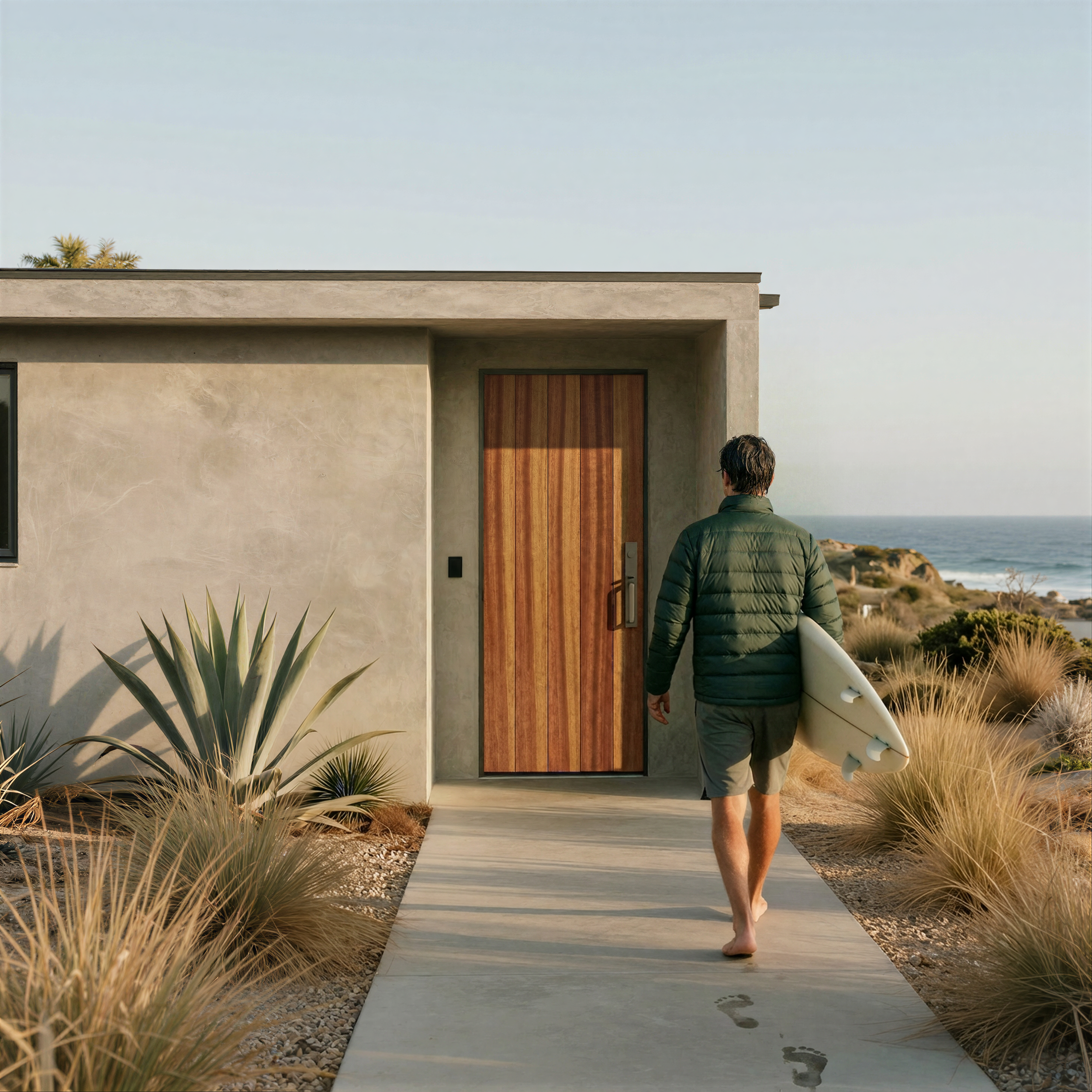 A man walking at sunset with a surfboard under his arm near a modern house with a concrete facade and a wooden door, overlooking the ocean with footprints on the wet concrete path.