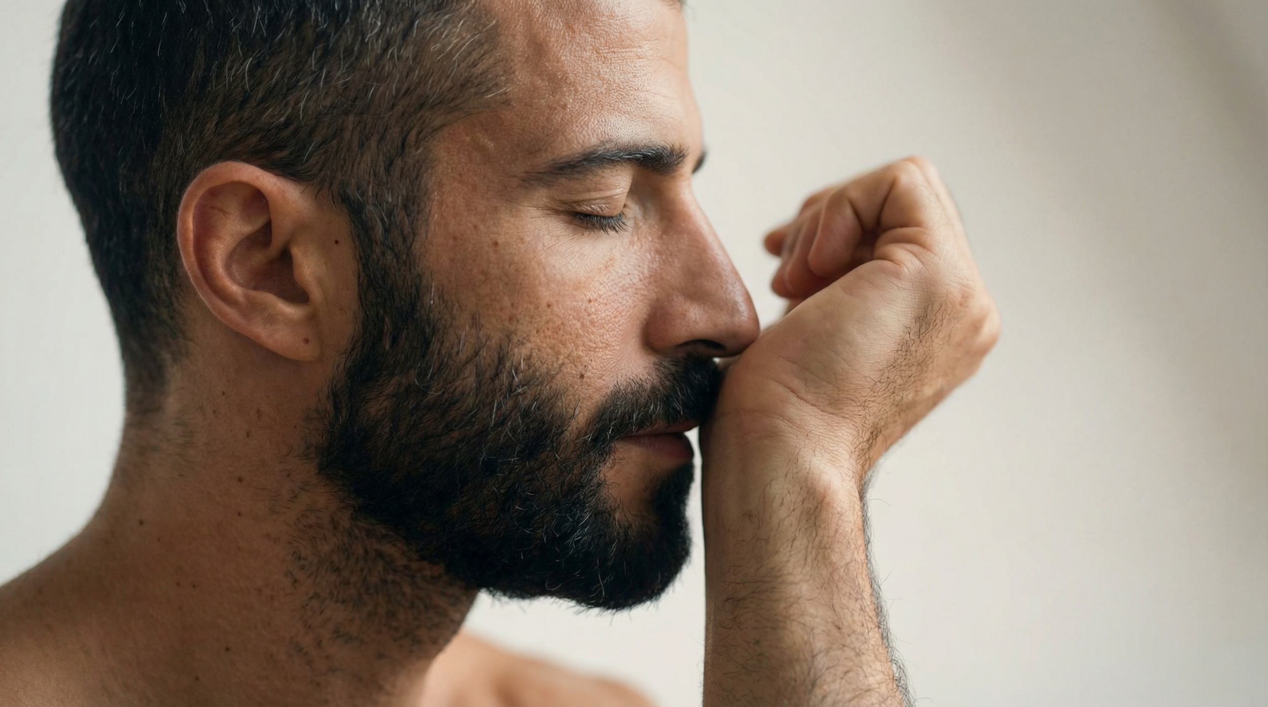 Close-up of a man with a beard, eyes closed, covering his nose with his hand, standing against a plain background.