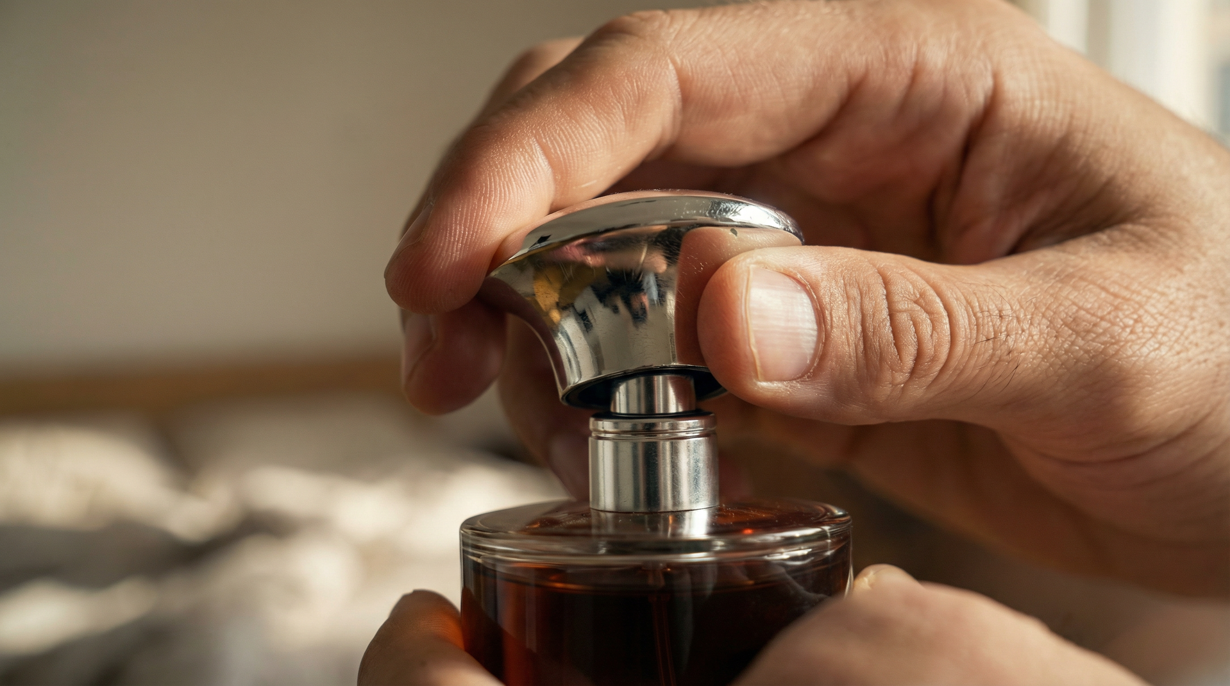 Close-up of a hand pressing a perfume atomizer to spray perfume from a glass bottle.