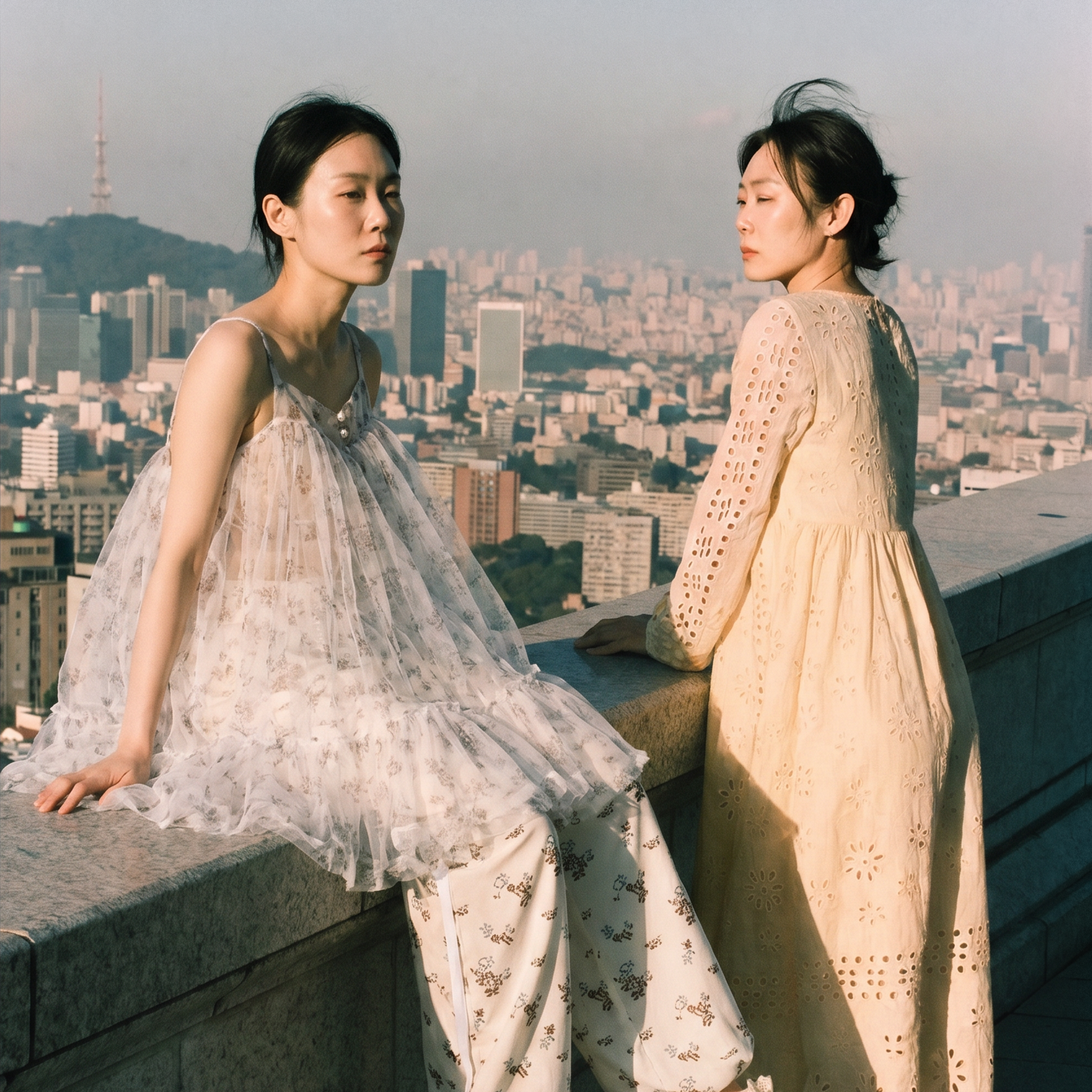 Two women in elegant dresses on a rooftop overlooking a city skyline with skyscrapers and a mountain in the background. One woman is sitting on a ledge, the other is standing, both looking contemplative.