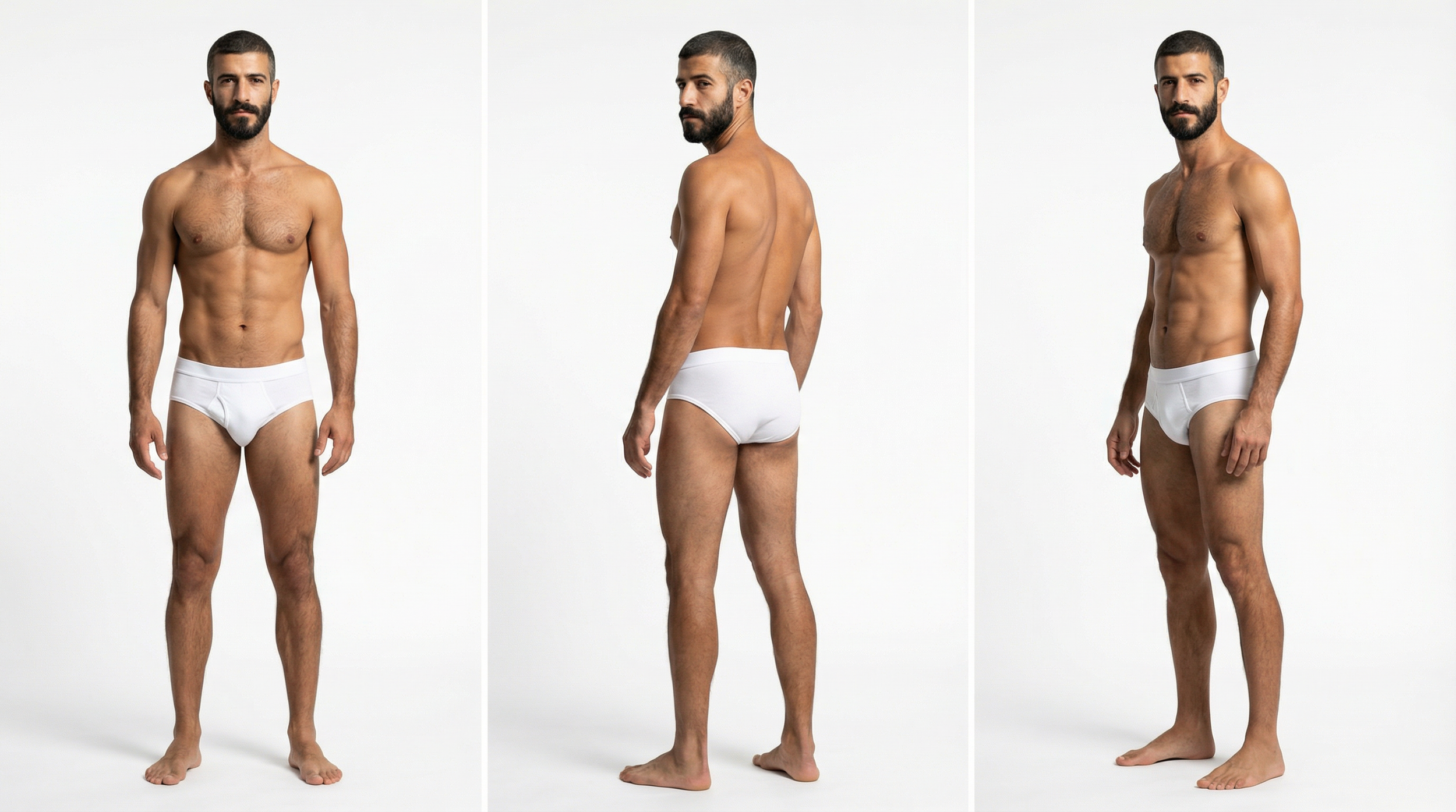 Three poses of a shirtless man wearing white underwear against a white background.
