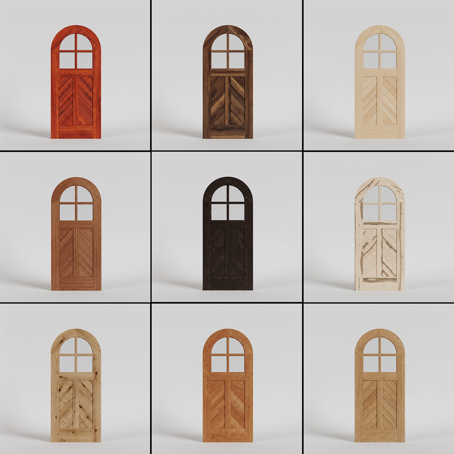 Nine wooden decorative doors with arched tops, each featuring a window with four panes at the top and a chevron pattern on the lower panels in varying wood finishes, arranged in a 3x3 grid on a white background.