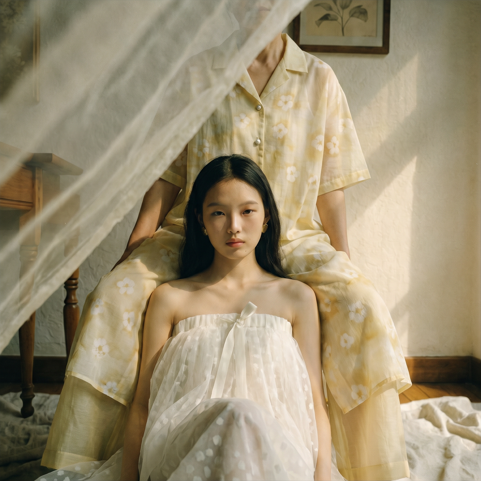 A woman lying on the floor in front of a mirror, wearing a white dress with a strapless design, with dark hair, and a person in a yellow shirt with white flower pattern standing behind her.