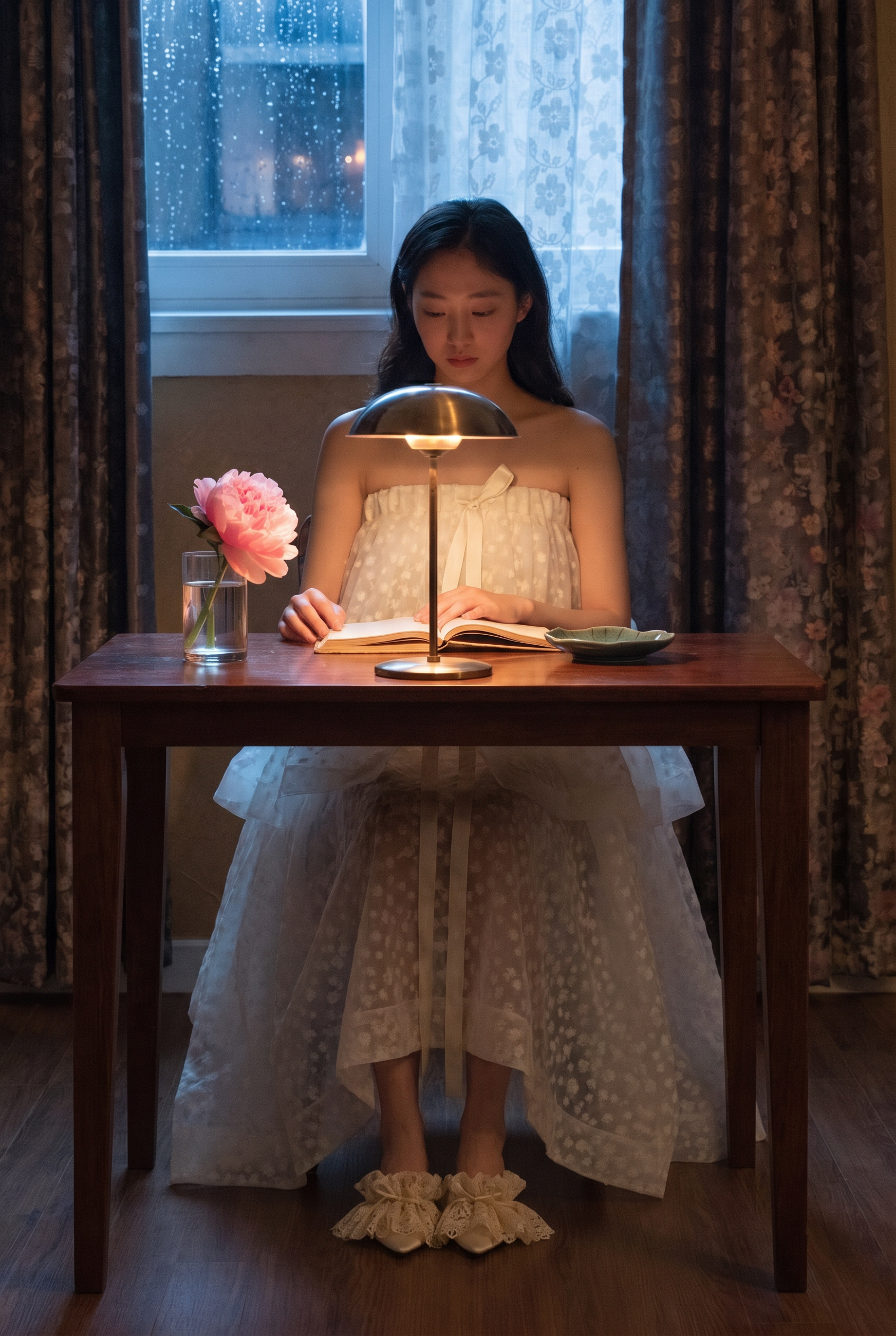 A woman with long dark hair sitting at a wooden table, reading a book under a small desk lamp, with a pink flower in a glass on her left and a small dish on her right. She is wearing a strapless cream-colored dress, with her feet in cream-colored slippers with bows, standing on a wooden floor, in front of a window with rain outside, and floral curtains.
