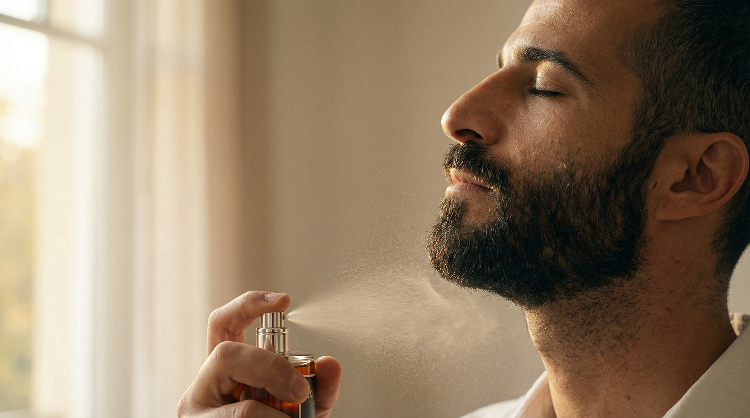 A man with closed eyes uses a spray bottle to spray perfume or cologne on his neck.