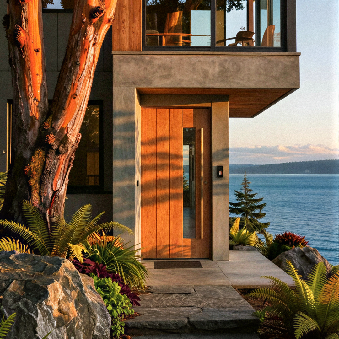 Modern house with wooden front door, large window, and balcony overlooking the ocean, surrounded by lush plants and rocks at sunset.