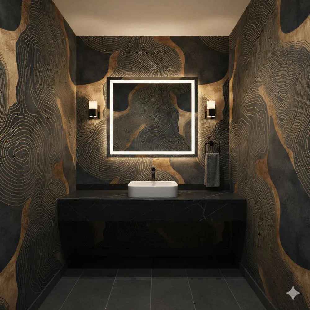 Luxury wallpaper installation in Los Angeles bathroom — dark wood texture wallcovering