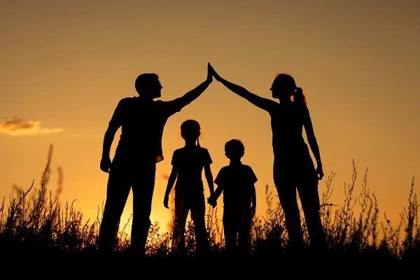 A silhouette of a family of four giving each other high fives at sunset in a field.