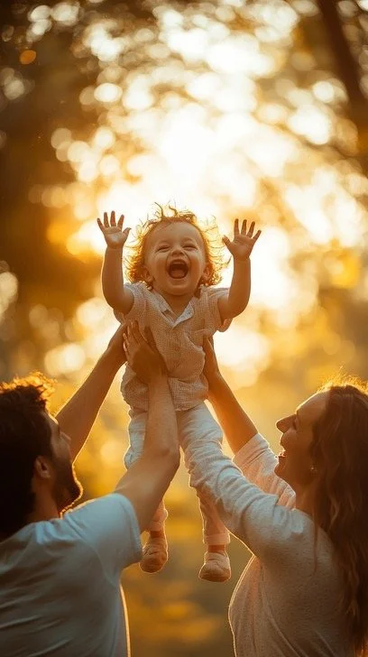 A young child is lifted into the air by two adults outdoors during sunset, smiling and with arms raised, with trees and sunlight in the background.