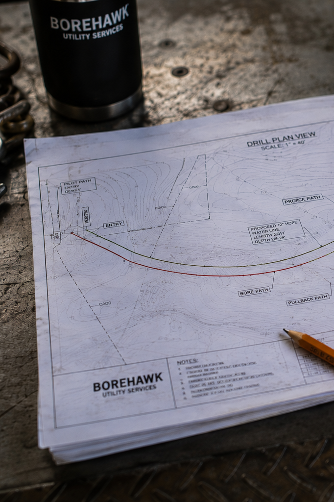 Blueprint for a drill plan titled 'Drill Plan View' with contour lines, labeled paths such as 'Pilot Path,' 'Proposed 1/2 HOP Water Line,' 'Bore Path,' and 'Pullback Path,' alongside notes on measurements. A pencil and a black tumbler labeled 'Borehawk Utility Services' are also visible on a rough wooden surface.