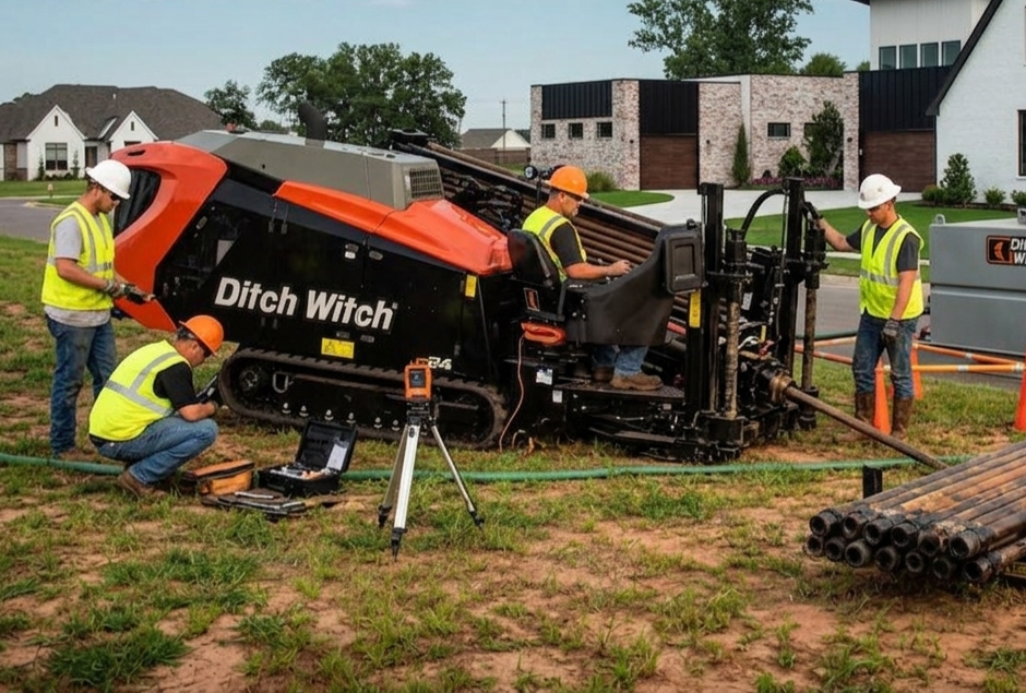 Construction workers in safety vests and helmets operate a large drilling machine labeled 'Ditch Witch' on a grassy area in a suburban neighborhood.