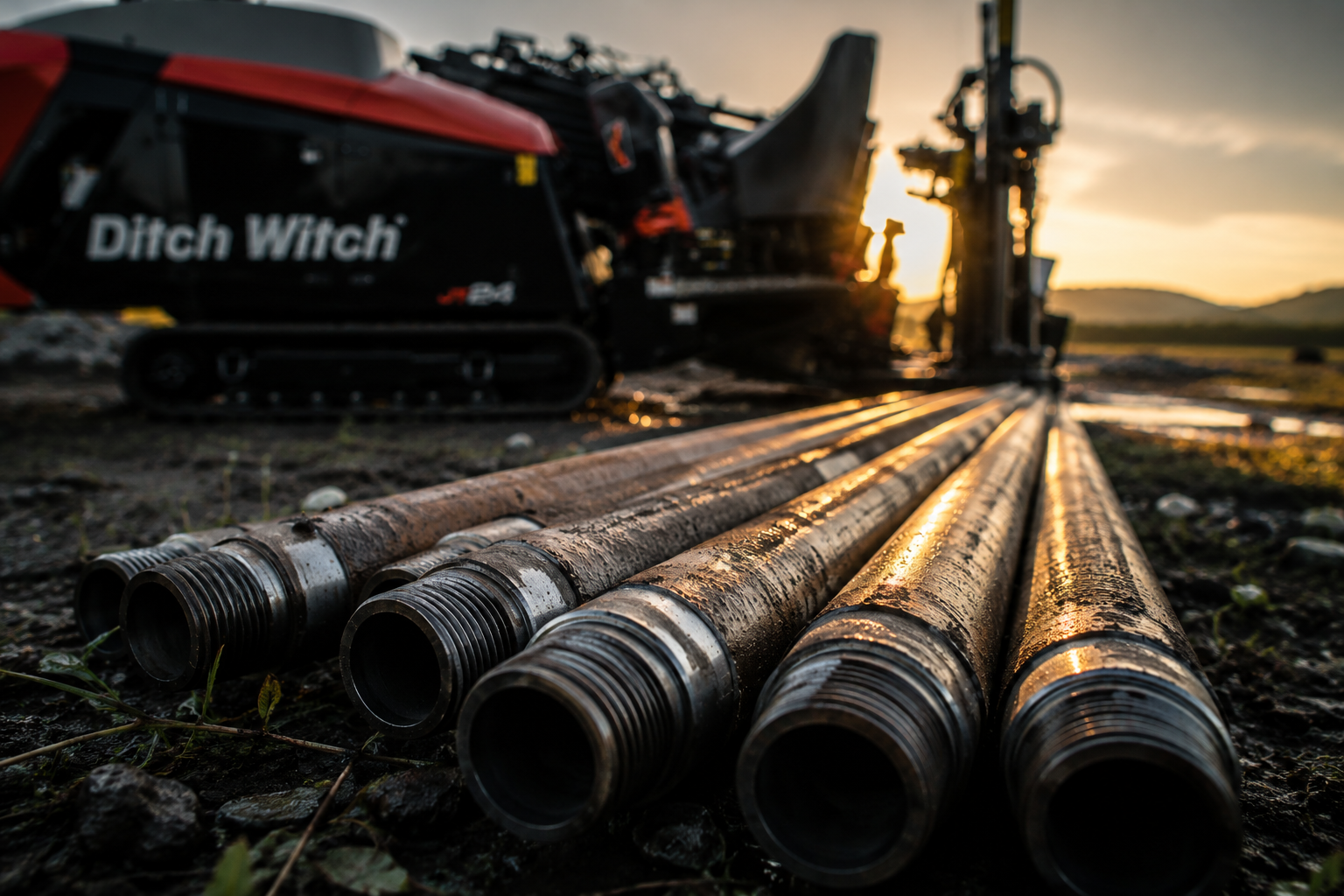 Close-up of rusty drill pipes lying on the ground with a construction or drilling machine in the background during sunset.