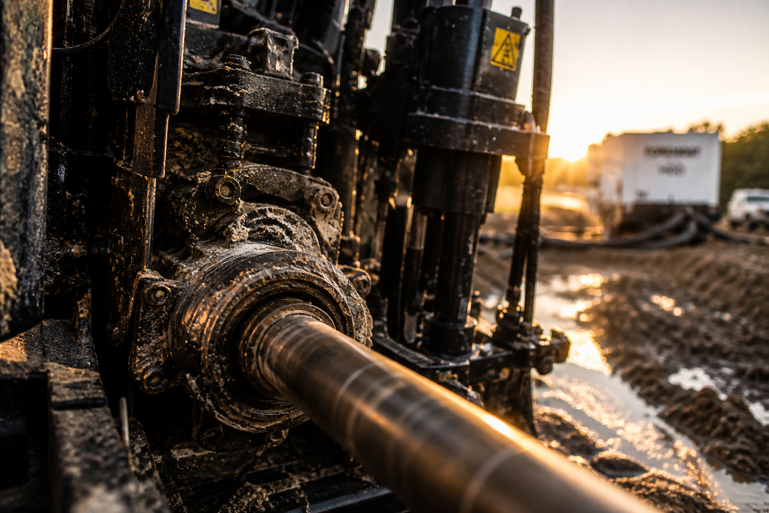 Close-up view of a muddy mechanical component with a shaft attached, outdoors during sunset with muddy terrain and trucks blurred in the background.