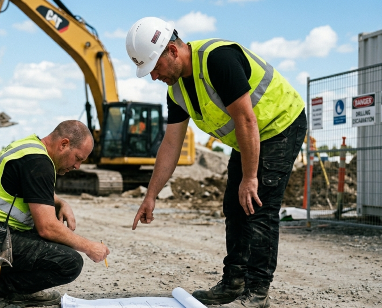 Two construction workers wearing yellow safety vests and white helmets working on blueprints at a construction site with heavy machinery in the background.