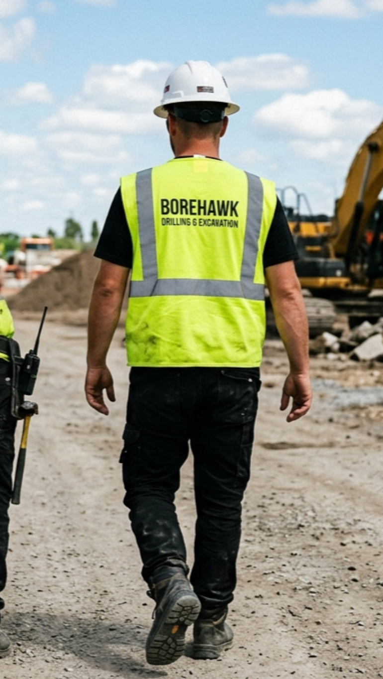 Construction worker wearing a white helmet and a high visibility vest with 'BOREHAWK DRILLINGS & EXCAVATION' printed on the back, walking on a dirt construction site.