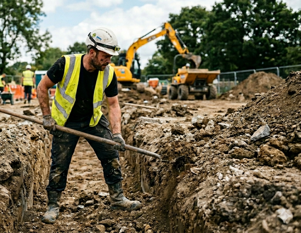 Construction worker digging in a trench at a construction site with heavy machinery in the background.