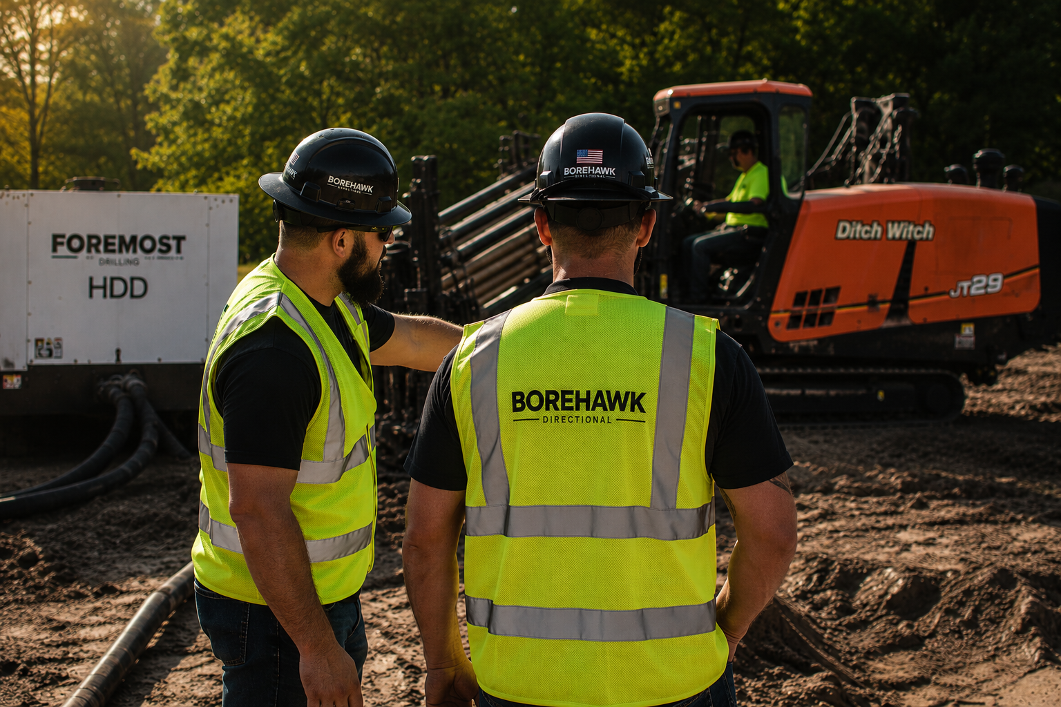 Two construction workers in high-visibility vests and hard hats discuss while a worker operates heavy machinery on a dirt construction site in the background.