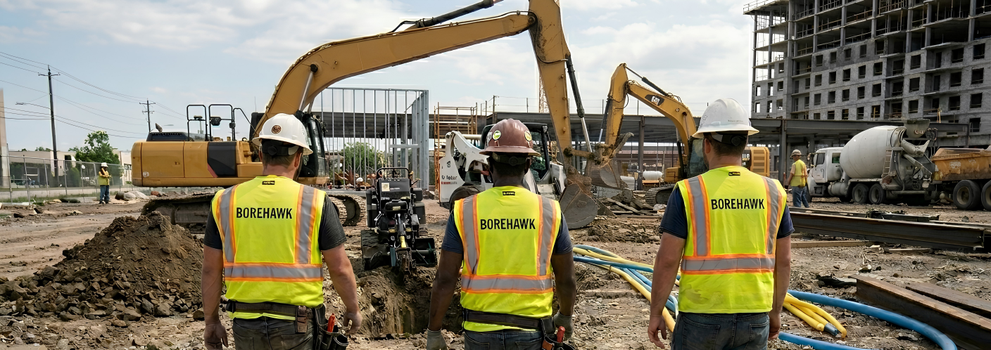 Construction workers in safety vests and helmets are working on a construction site with heavy machinery, dug trenches, and partially built structures in the background.