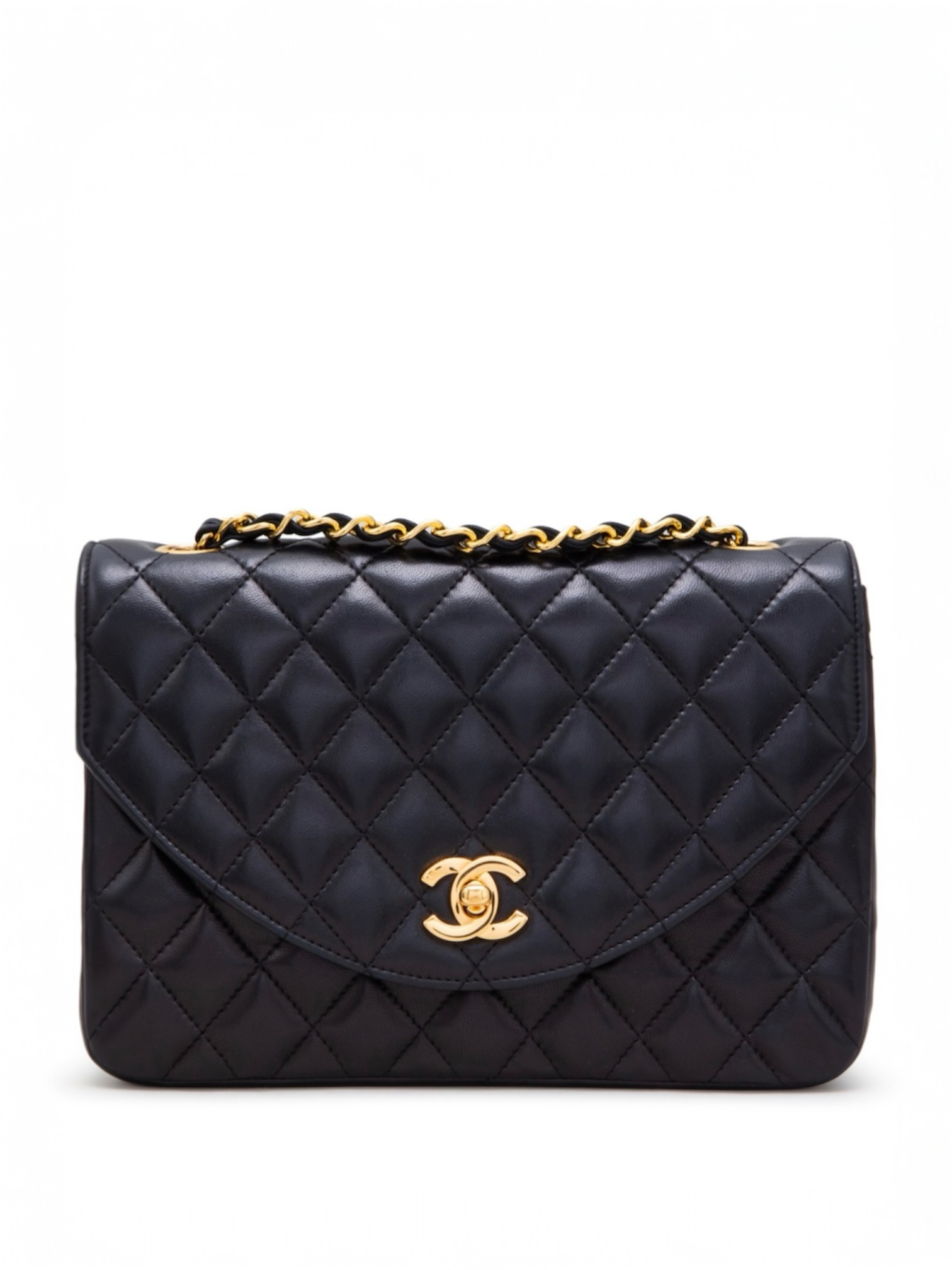 Chanel Navy Diamond Quilted Lambskin Crossbody Bag with 24k Gold Chain