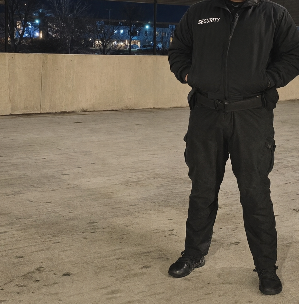 A security guard standing outdoors at night, wearing a black uniform with the word 'SECURITY' on the chest, and hands in pockets, with a cityscape and flashing lights in the background.