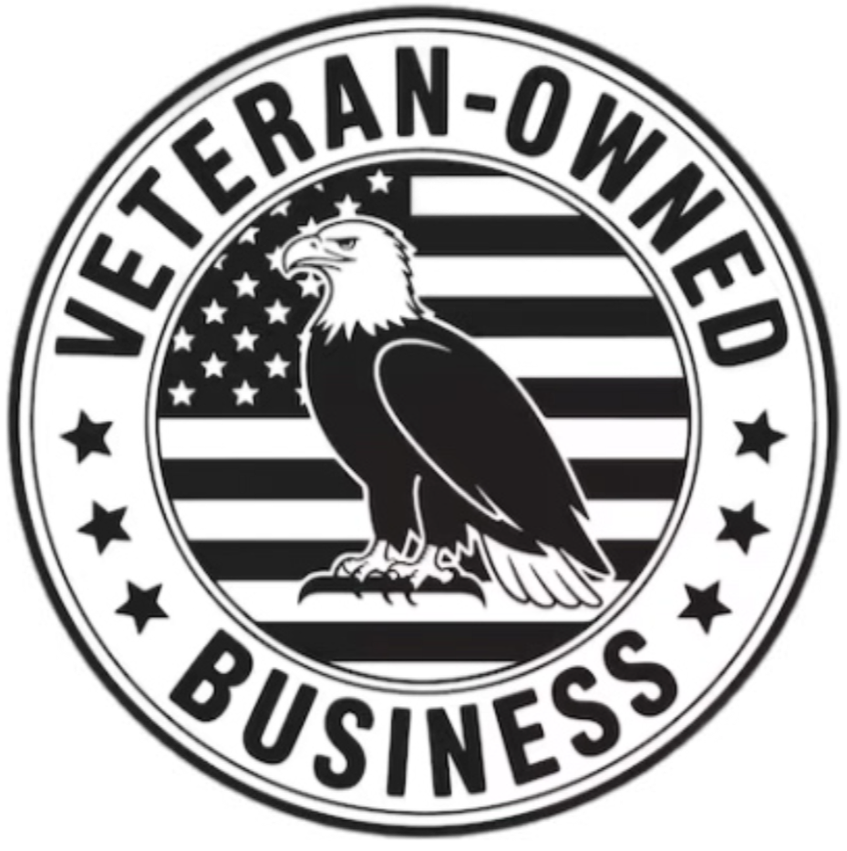 A circular logo with a bald eagle in the center, American flag stripes and stars background, and the words 'Veteran-Owned Business' around the perimeter.