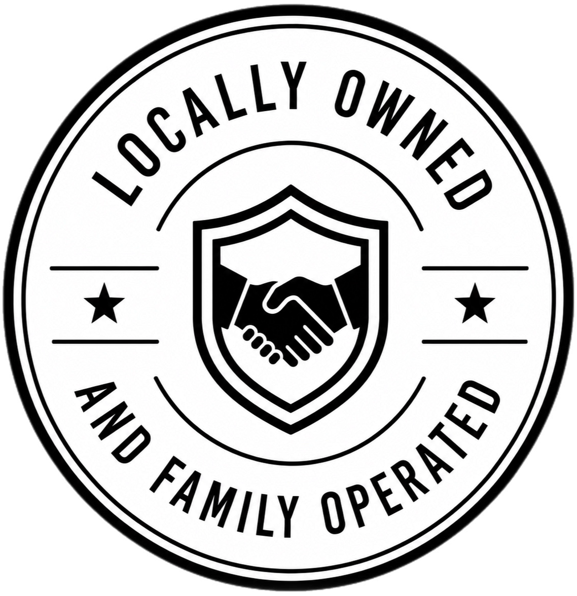 A circular emblem with the text 'Locally Owned and Family Operated' around the edge. In the center, there is a shield with a handshake inside, symbolizing trust and partnership.