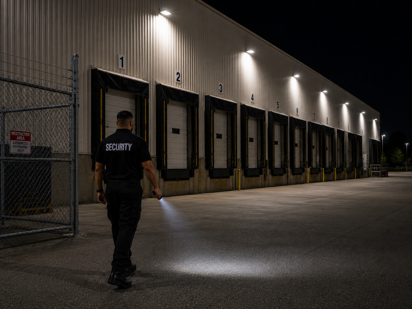 Security guard walking outside a warehouse at night, holding a flashlight and inspecting the area.
