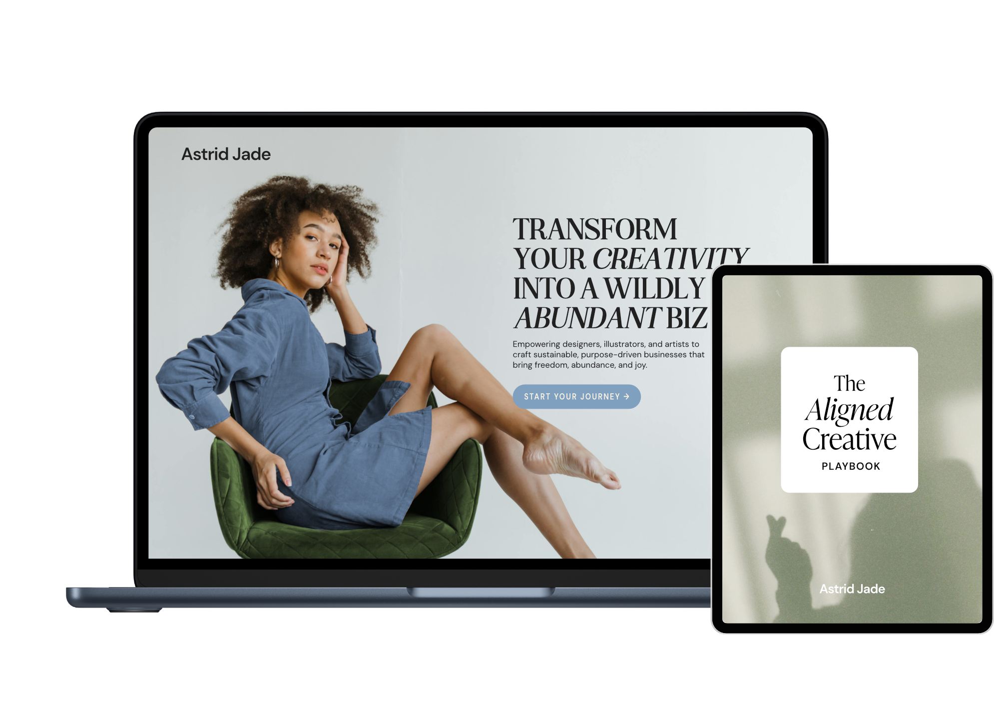 A woman with curly hair in a blue dress sitting in a green chair, with text promoting transforming creativity into a business and an event start button.