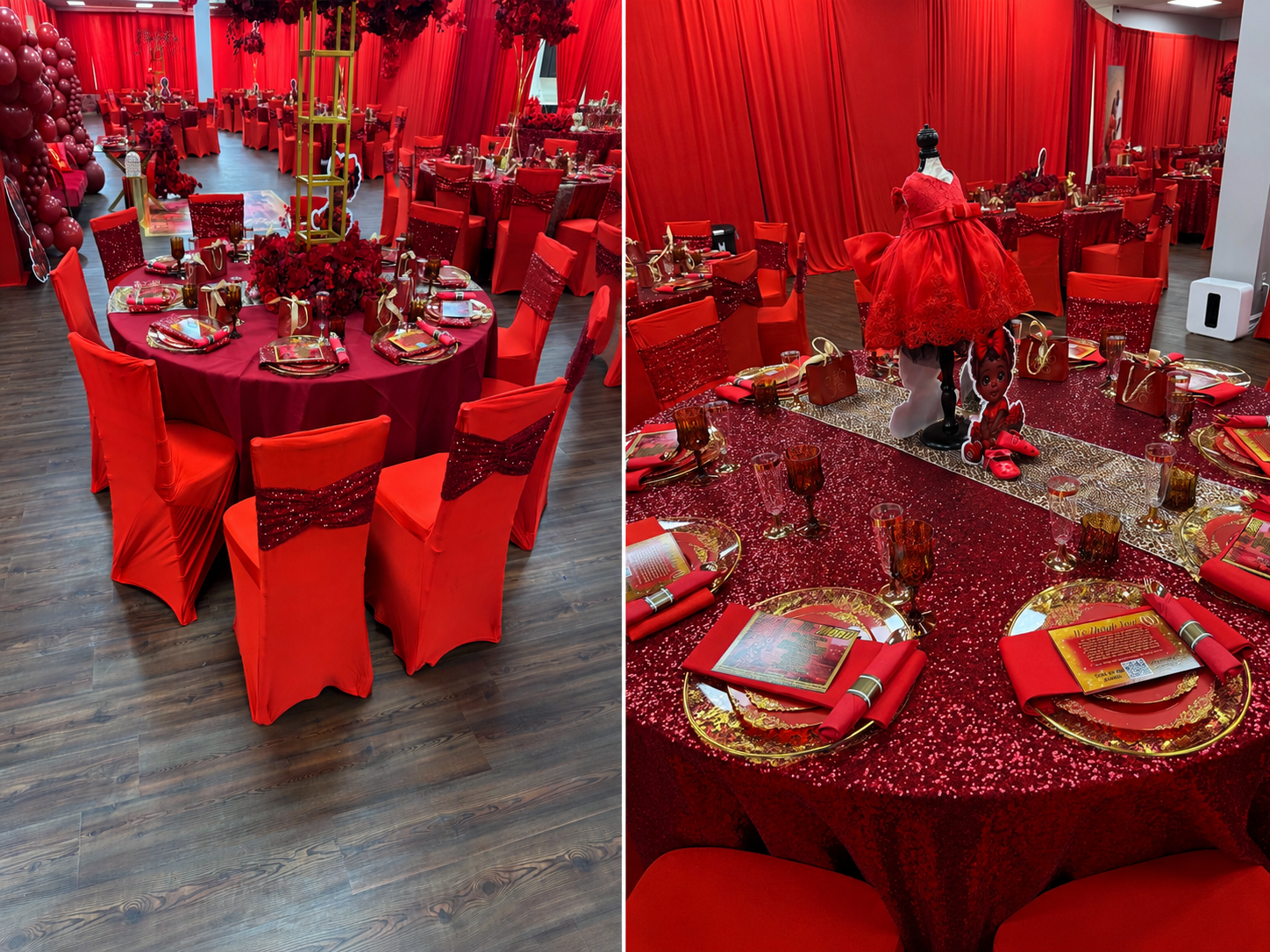 Decorated party tables with red tablecloths, red chairs, and red curtains, featuring golden accents, confetti, and yellow decorations for a celebration.