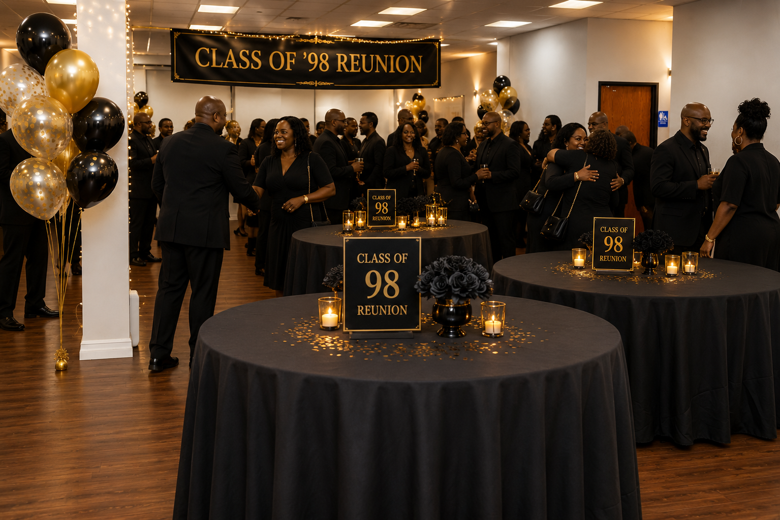 People at a reunion event celebrating the 1998 graduating class, with black and gold balloons, candles, and signs reading 'Class of 98 Reunion' arranged on black-draped tables.