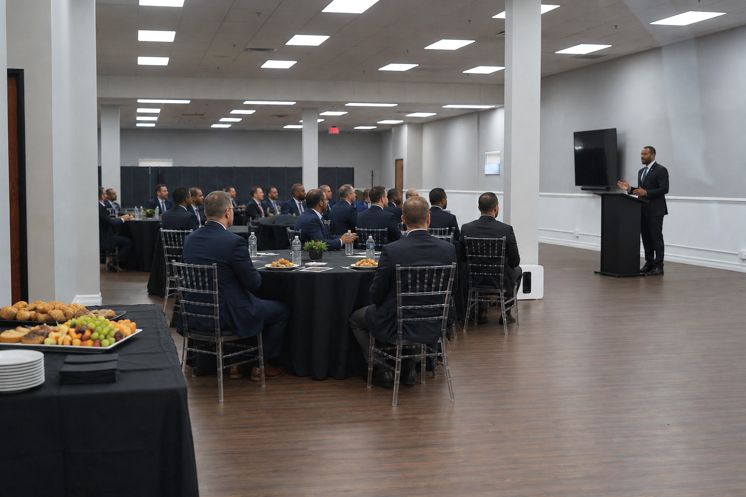 A professional presentation in a large conference room with many men in suits seated at round tables, listening to a speaker in front of a television screen.