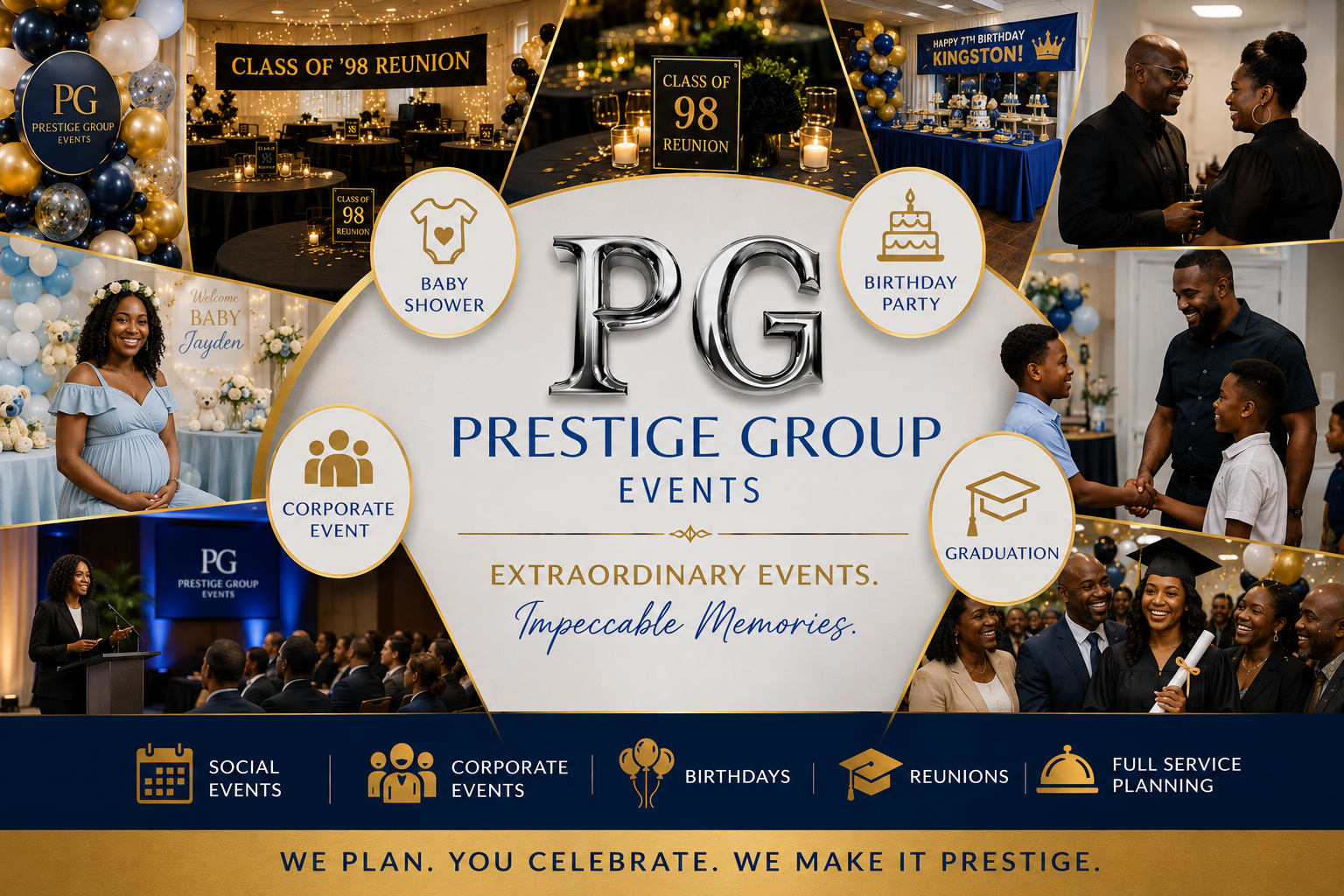 A promotional flyer for Prestige Group Events showcasing various celebration services including baby showers, corporate events, birthdays, reunions, graduations, and social events. The flyer features images of people at different events, balloons, decorations, and a central emblem with the company's logo and slogan.