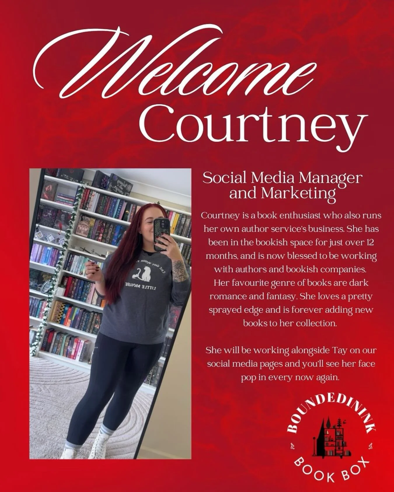 Guess whose joining the Bounded In Ink Team 👀

Courtney has come on board as our Social Media Manager and Marketing Coordinator. She will behind the scenes creating our new graphics, keeping us up to date across our socials, and keeping the team san