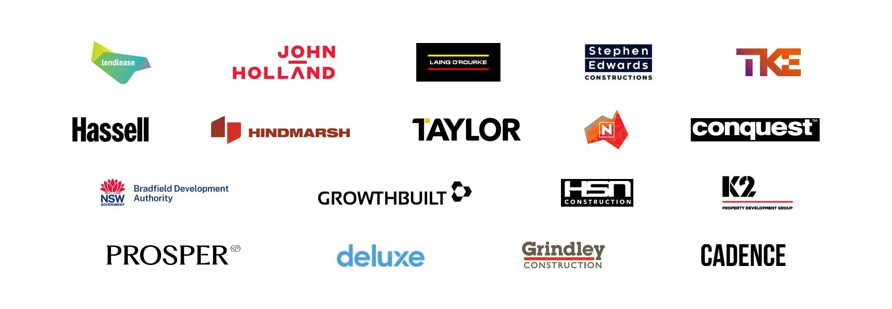 Client logos — Lendlease, John Holland, Laing O'Rourke, Hassell, Hindmarsh, Taylor, Conquest, Growthbuilt, HSN, Nazero, BDA, K2, Prosper, Grindley, Cadence, Deluxe and more