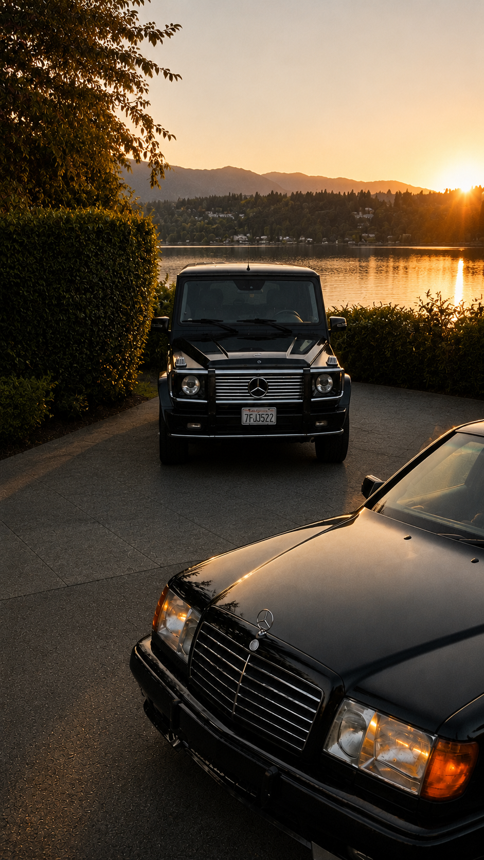 A black Mercedes-Benz parked next to a black Mercedes-Benz G-Class in a parking lot near a body of water at sunset, with hills and trees in the background.