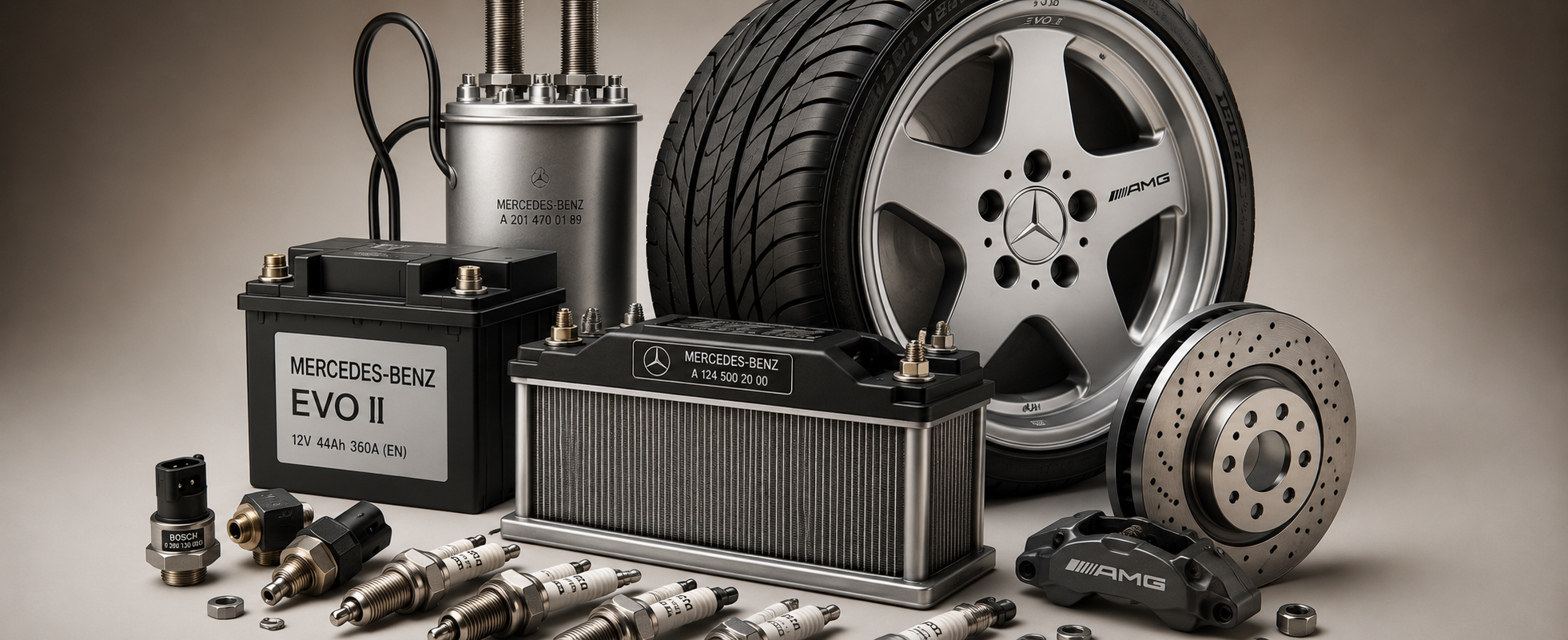 Mercedes-Benz car parts including a wheel, brake disc, battery, radiator, spark plugs, sensors, and braking components arranged on a neutral background.
