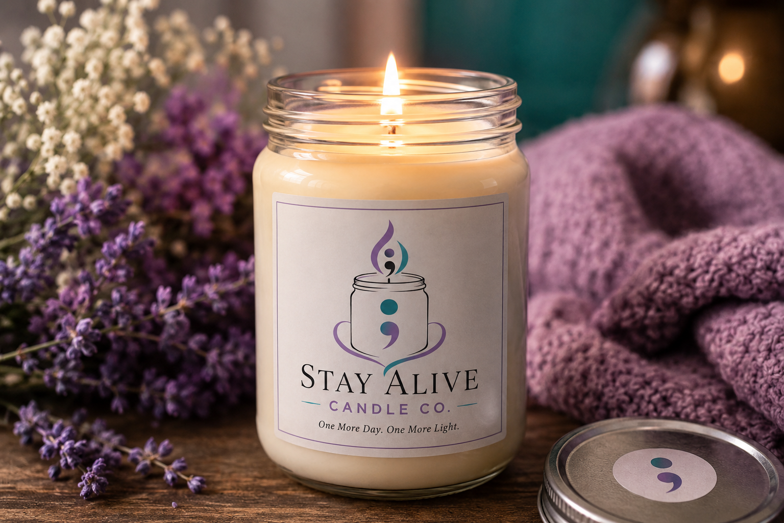 A lit candle in a glass jar labeled 'Stay Alive Candle Co.' with lavender flowers and a purple cloth in the background.