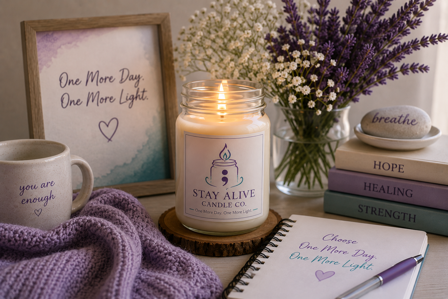 A cozy, inspirational setup with a lit candle labeled "Stay Alive Candle Co." surrounded by books titled "Hope," "Healing," "Strength," a mug with the message "You are enough," a purple blanket, a journal with the quote "Choose One More Day. One More Light," a pen, a vase of white and purple flowers, and framed quotes saying "One More Day. One More Light" and "breathe."