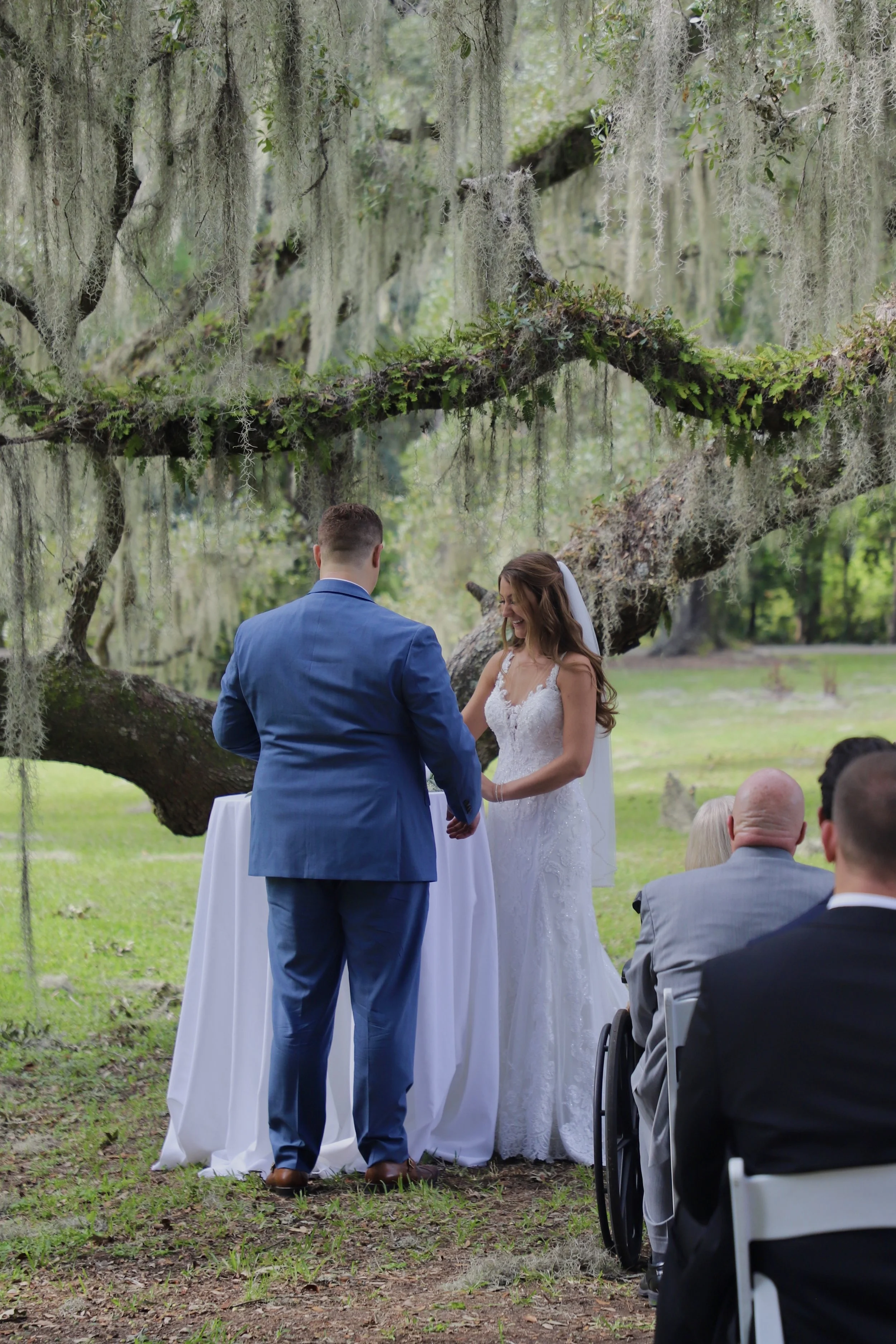 A couple getting married outdoors under a large moss-covered tree, with friends and family seated nearby.