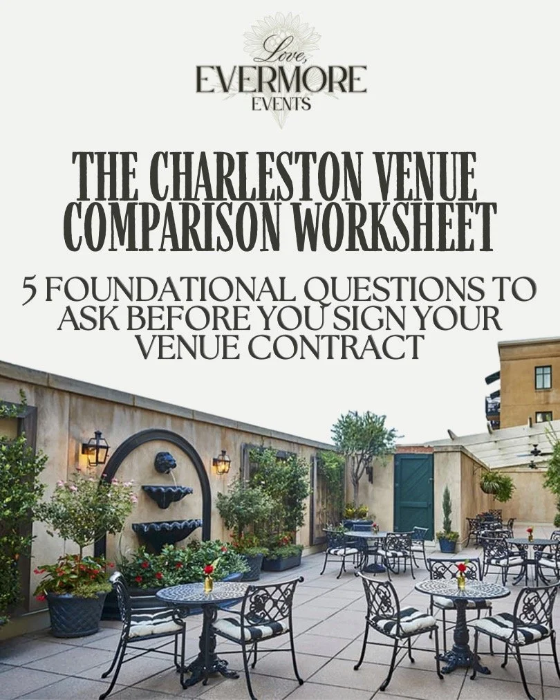 Image of an outdoor patio area with black wrought-iron tables and chairs, some with striped cushions, potted plants, and a wall fountain, with the text overlay about a Charleston venue comparison worksheet and questions to ask before signing a venue contract.