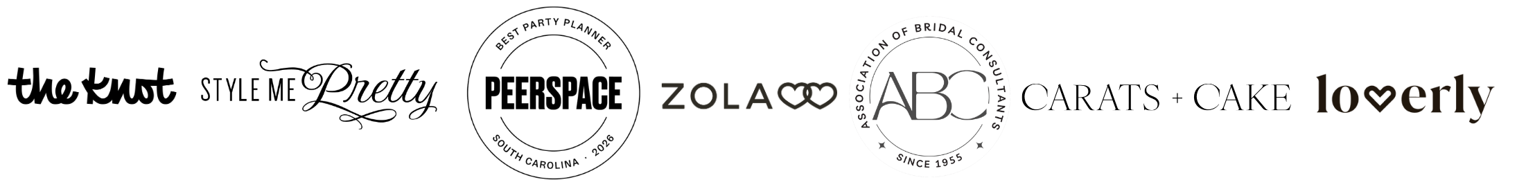 A black banner with various text and logos promoting wedding accessories, including phrases "Dearly Beloved," "ZOLA," "ABC," and "lovely," with decorative hearts and a ring symbol.