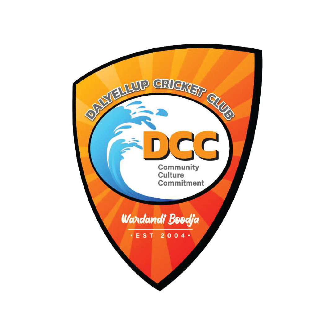 Bunbury Physio - Dalyellup Cricket Club logo featuring a wave design, orange and yellow background with the text 'Dalyellup Cricket Club', 'DCC', 'Community, Culture, Commitment', and 'Wardanli Boodja, Est 2004'.
