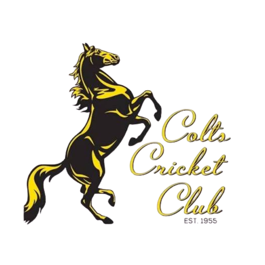 Logo for Colts Cricket Club featuring a black and yellow rearing horse with gold text reading 'Colt Cricket Club'.