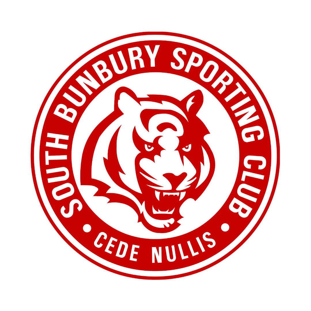 Red and black circular logo of South Bury Sporting Club featuring a fierce tiger's face and the text 'South Bury Sporting Club' and Latin words 'Cede Nullis' around the circle.