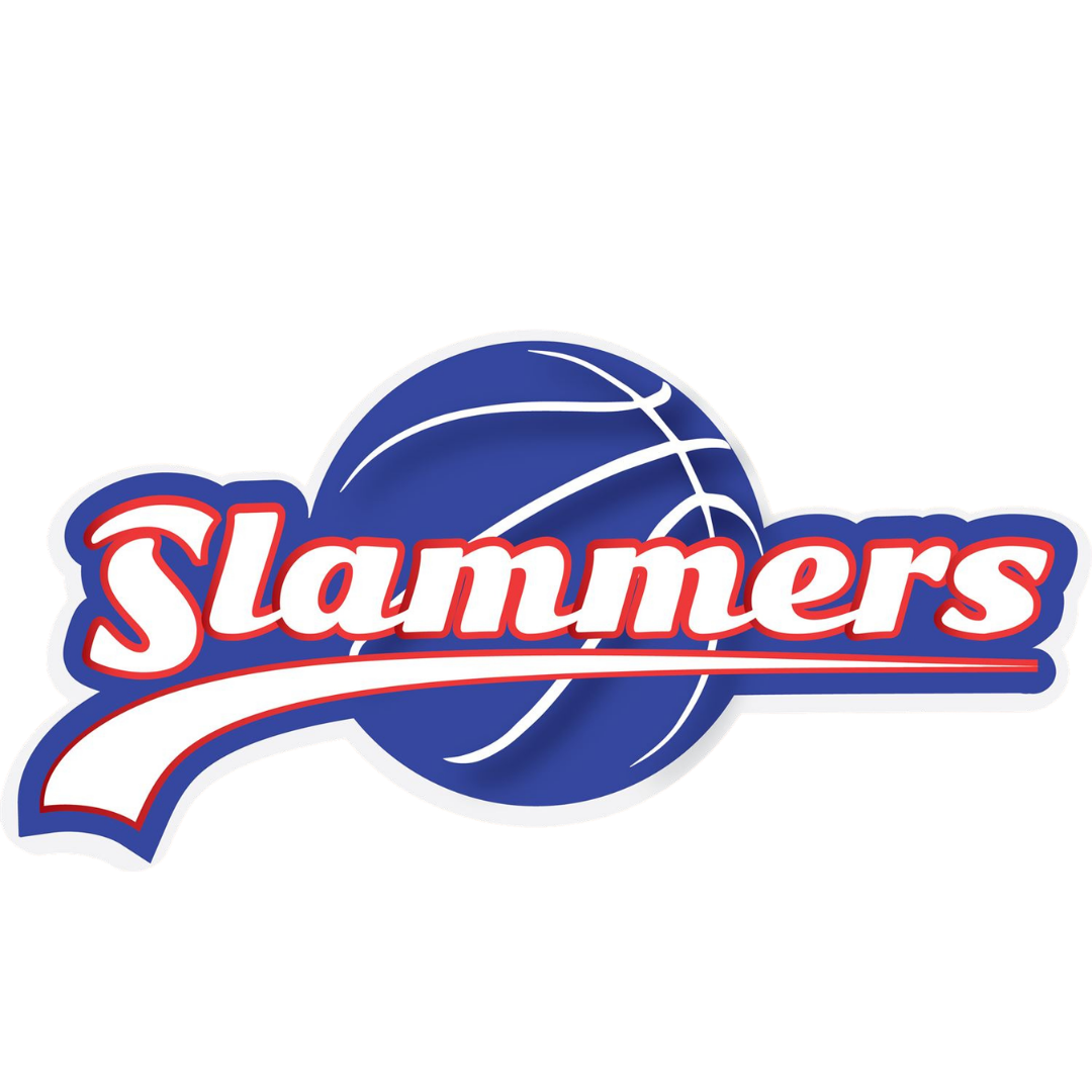 Logo for the Slammer basketball team featuring a blue basketball with white lines and the word 'Slammers' in bold red cursive text outlined in blue and white.