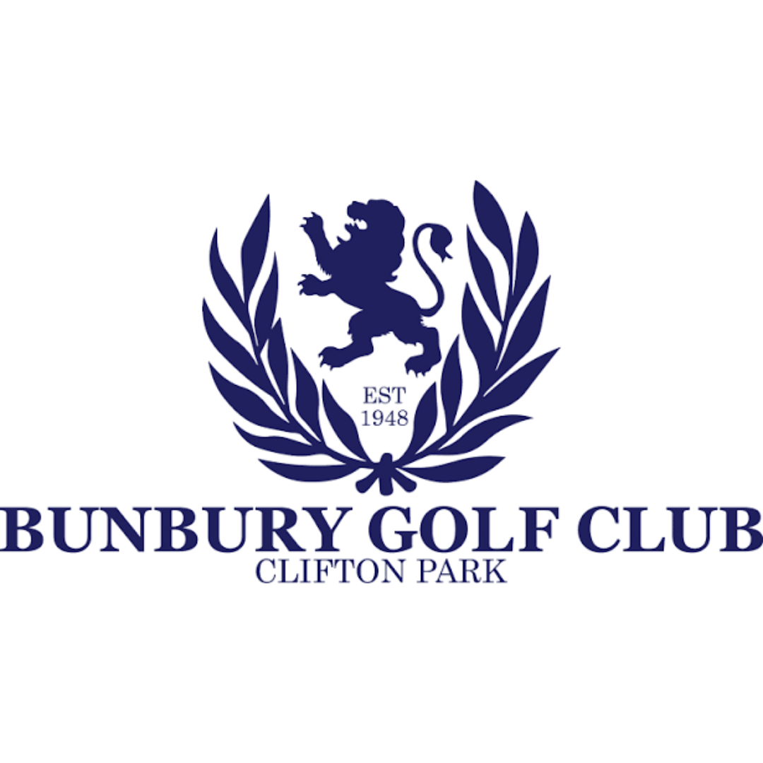 Bunbury Golf Club logo featuring a crest with a lion and laurel wreath, and the text 'Bunbury Golf Club, Little Park'.